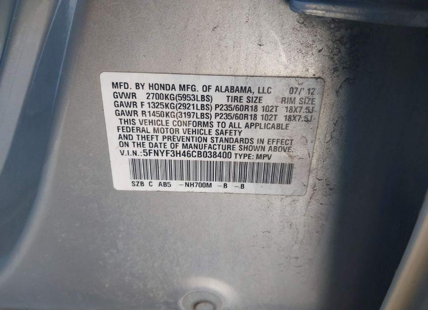 Photo 9 of 2012 Honda Pilot EX (VIN 5FNYF3H46CB038400)