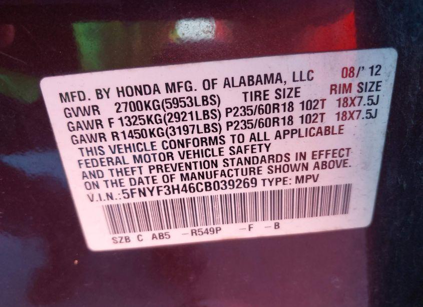 Photo 9 of 2012 Honda Pilot EX (VIN 5FNYF3H46CB039269)