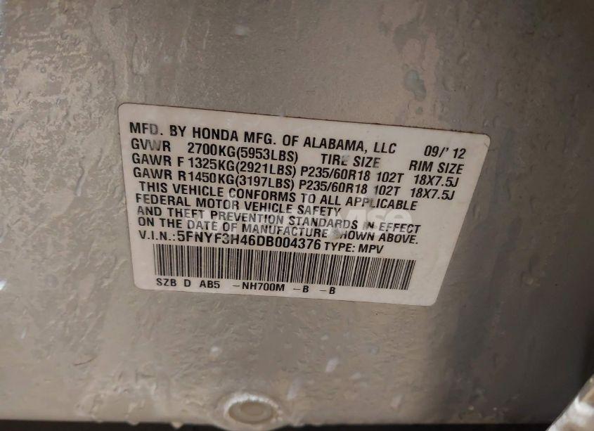 Photo 9 of 2013 Honda Pilot EX (VIN 5FNYF3H46DB004376)