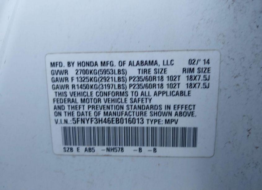 Photo 9 of 2014 Honda Pilot EX (VIN 5FNYF3H46EB016013)