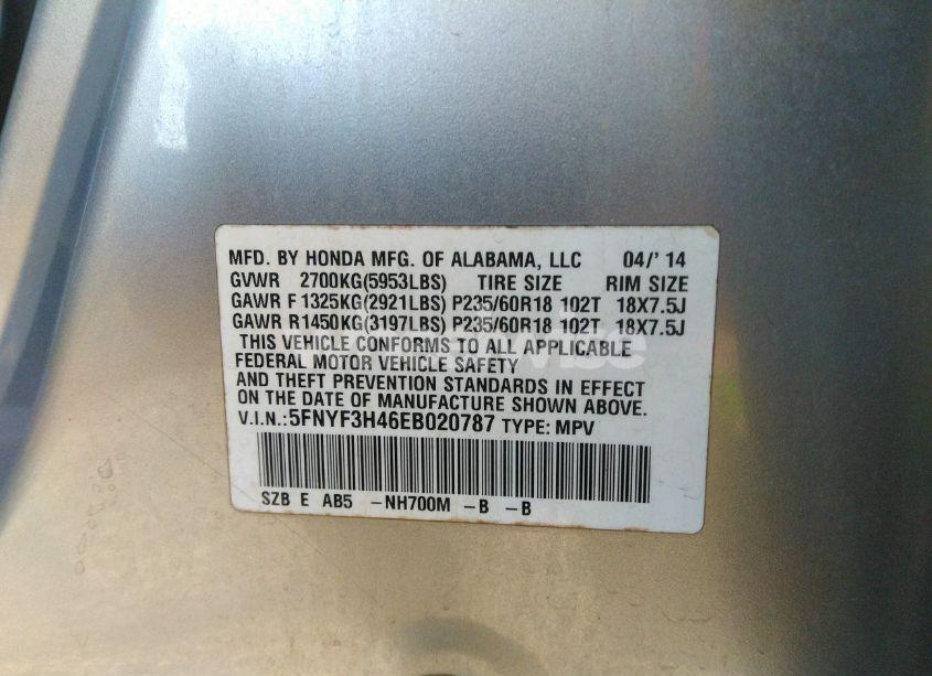 Photo 9 of 2014 Honda Pilot EX (VIN 5FNYF3H46EB020787)