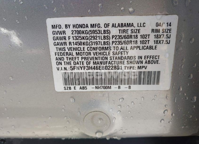 Photo 9 of 2014 Honda Pilot EX (VIN 5FNYF3H46EB022801)