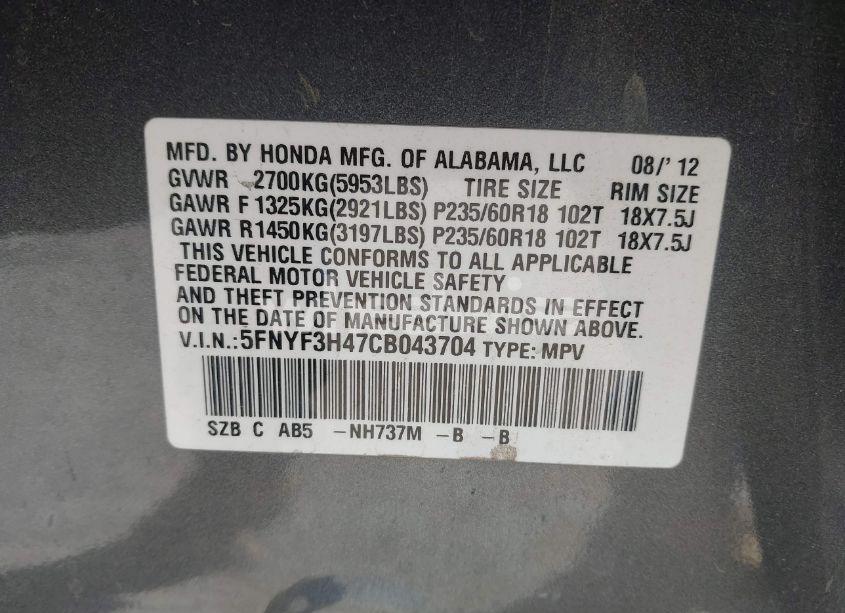 Photo 9 of 2012 Honda Pilot EX (VIN 5FNYF3H47CB043704)