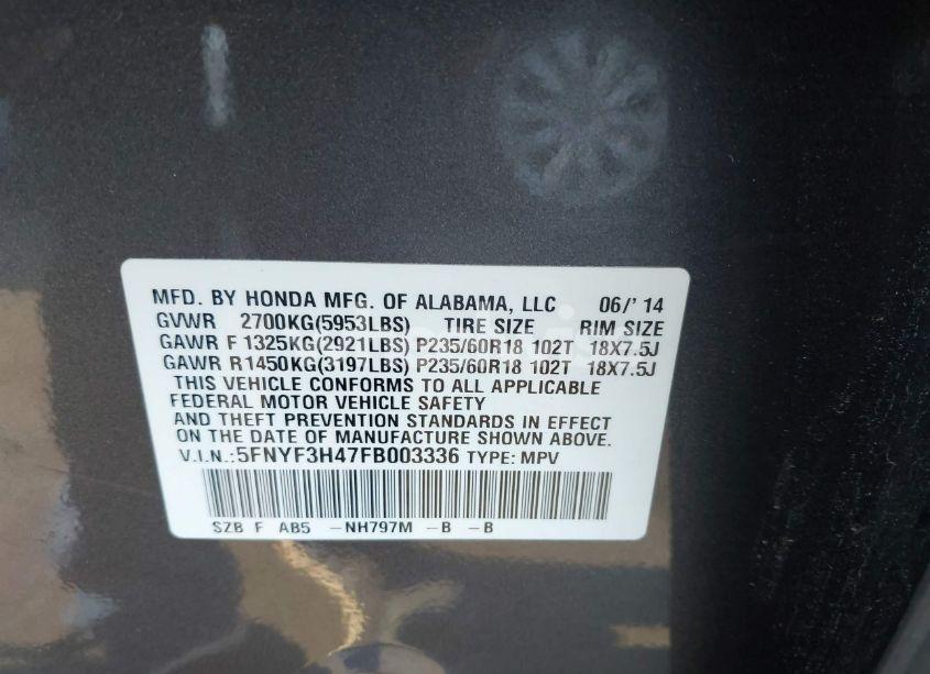 Photo 9 of 2015 Honda Pilot EX (VIN 5FNYF3H47FB003336)