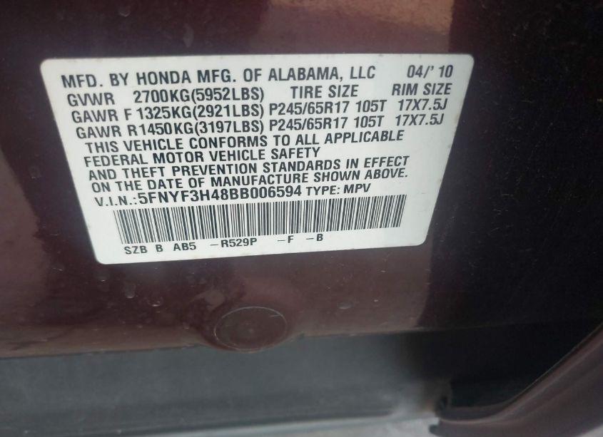 Photo 9 of 2011 Honda Pilot EX (VIN 5FNYF3H48BB006594)