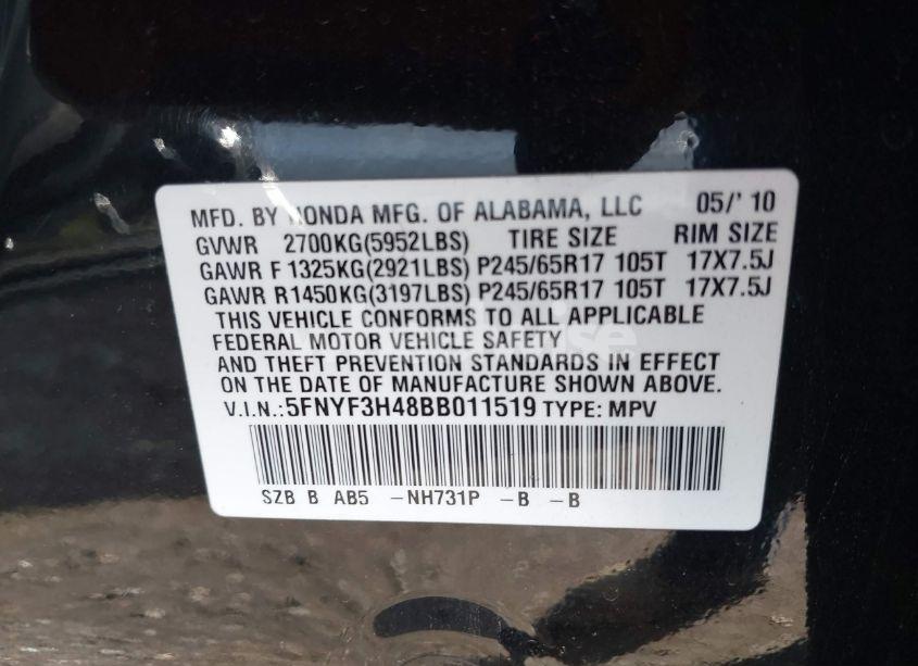 Photo 9 of 2011 Honda Pilot EX (VIN 5FNYF3H48BB011519)