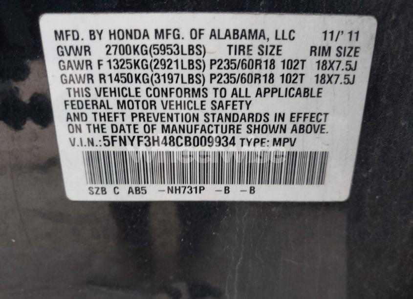 Photo 9 of 2012 Honda Pilot EX (VIN 5FNYF3H48CB009934)