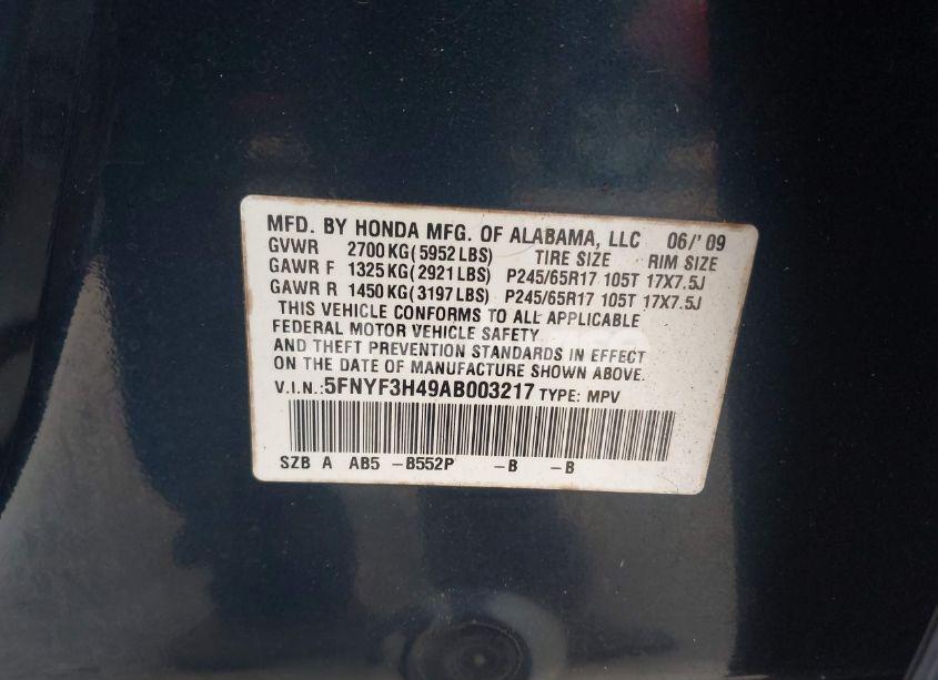 Photo 9 of 2010 Honda Pilot EX (VIN 5FNYF3H49AB003217)