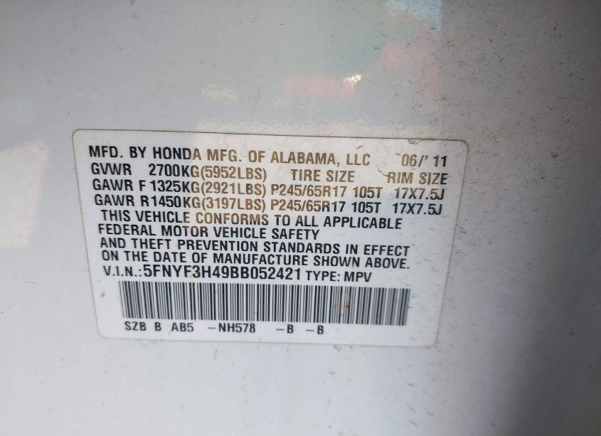 Photo 9 of 2011 Honda Pilot EX (VIN 5FNYF3H49BB052421)