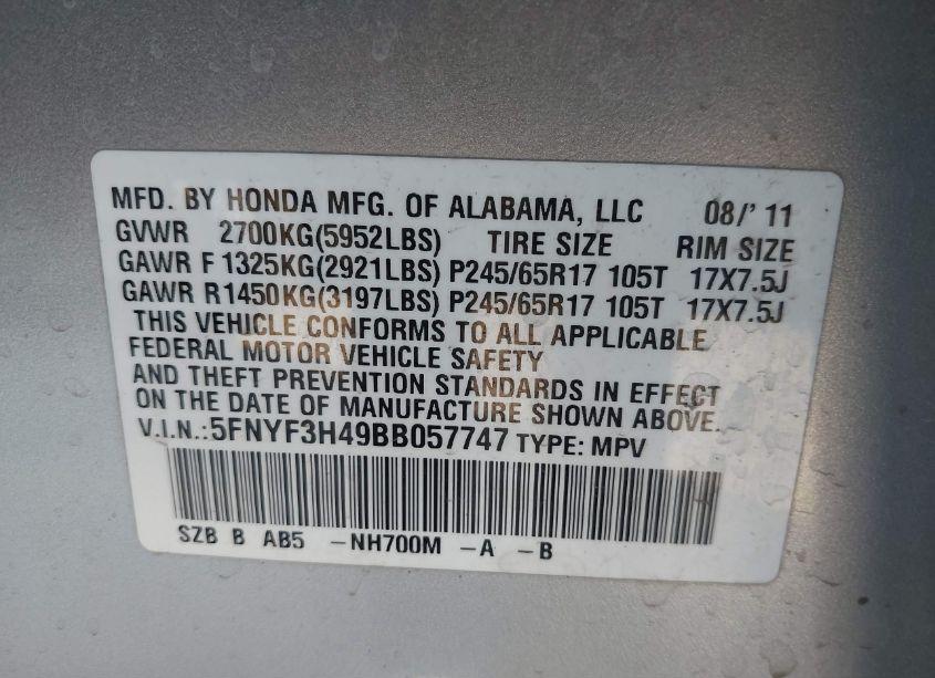 Photo 9 of 2011 Honda Pilot EX (VIN 5FNYF3H49BB057747)