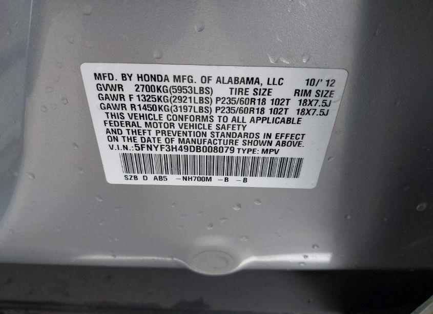 Photo 9 of 2013 Honda Pilot EX (VIN 5FNYF3H49DB008079)