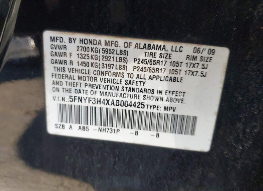 Photo 9 of 2010 Honda Pilot (VIN 5FNYF3H4XAB004425)