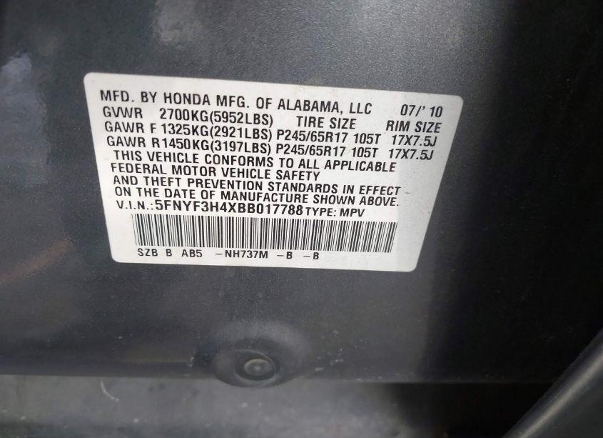 Photo 9 of 2011 Honda Pilot EX (VIN 5FNYF3H4XBB017788)