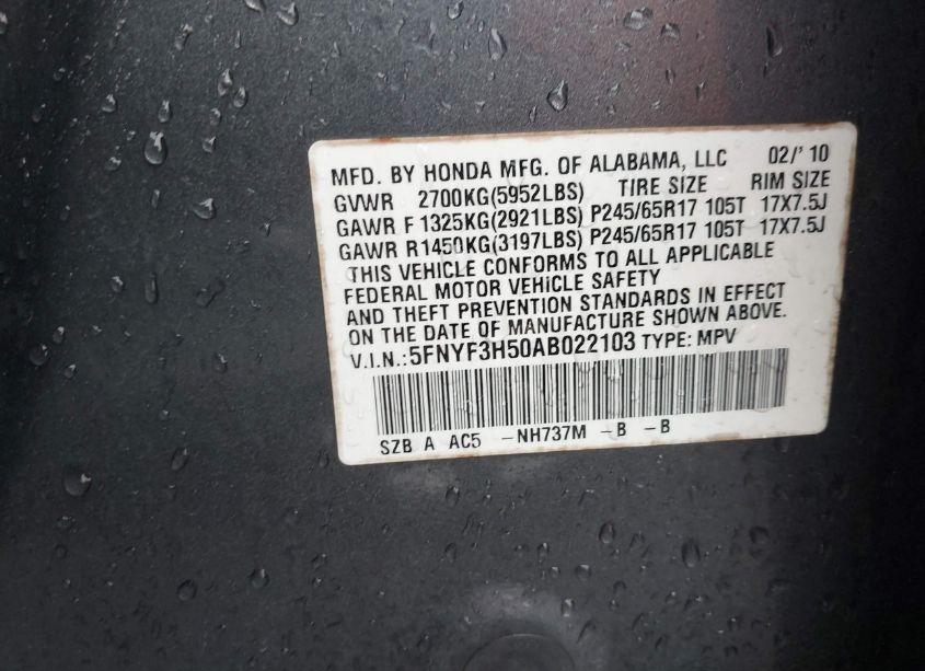 Photo 9 of 2010 Honda Pilot EX-L (VIN 5FNYF3H50AB022103)