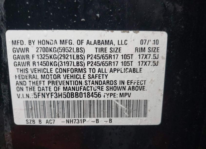 Photo 9 of 2011 Honda Pilot EX-L (VIN 5FNYF3H50BB018456)