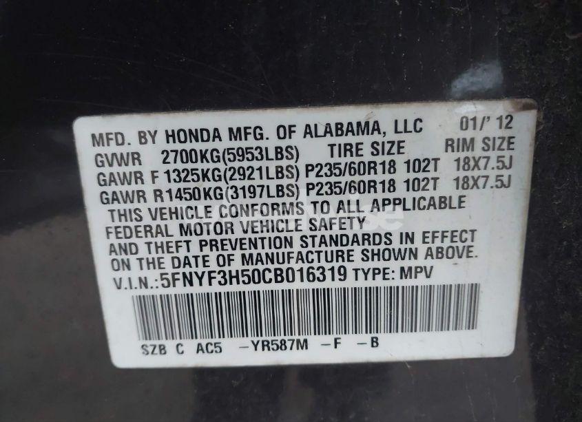 Photo 9 of 2012 Honda Pilot EX-L (VIN 5FNYF3H50CB016319)