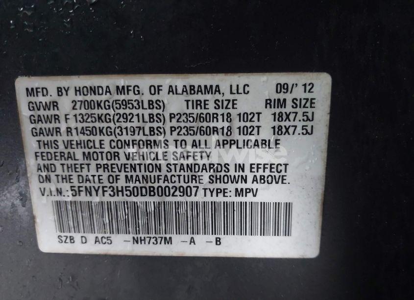 Photo 9 of 2013 Honda Pilot EX-L (VIN 5FNYF3H50DB002907)