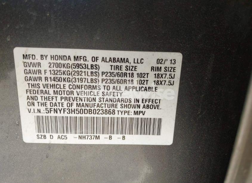 Photo 9 of 2013 Honda Pilot EX-L (VIN 5FNYF3H50DB023868)