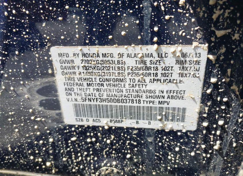 Photo 9 of 2013 Honda Pilot EX-L (VIN 5FNYF3H50DB037818)