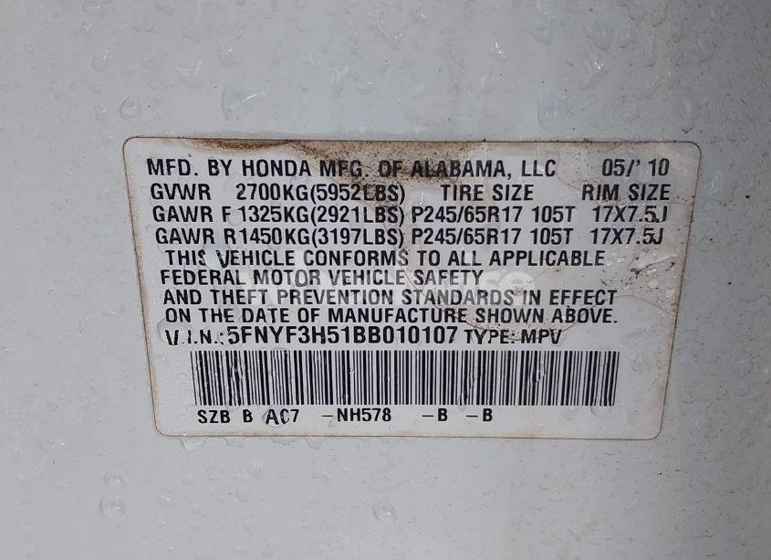 Photo 9 of 2011 Honda Pilot EX-L (VIN 5FNYF3H51BB010107)