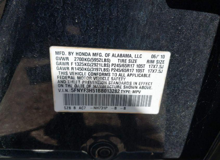 Photo 9 of 2011 Honda Pilot EX-L (VIN 5FNYF3H51BB013282)