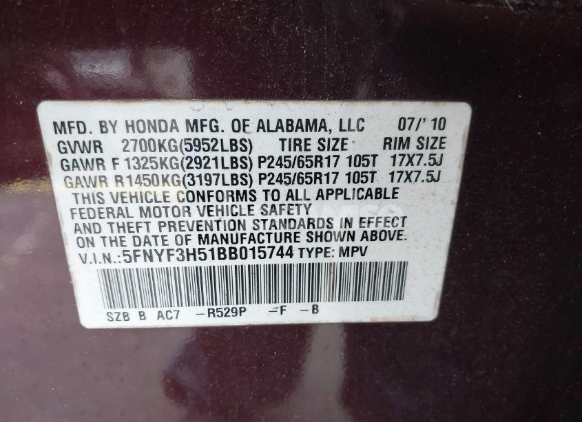 Photo 9 of 2011 Honda Pilot EX-L (VIN 5FNYF3H51BB015744)