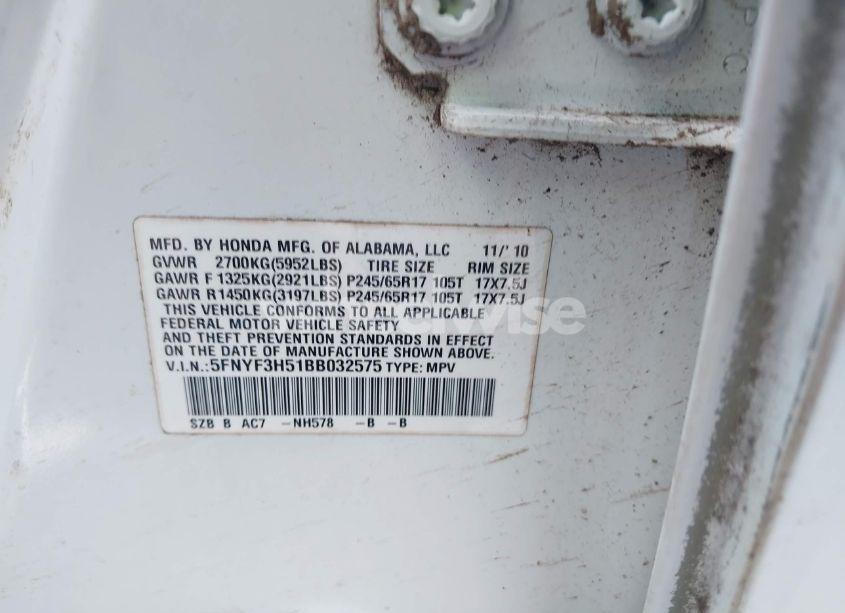 Photo 9 of 2011 Honda Pilot EX-L (VIN 5FNYF3H51BB032575)