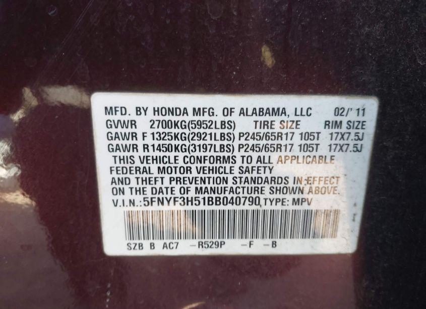 Photo 9 of 2011 Honda Pilot EX-L (VIN 5FNYF3H51BB040790)