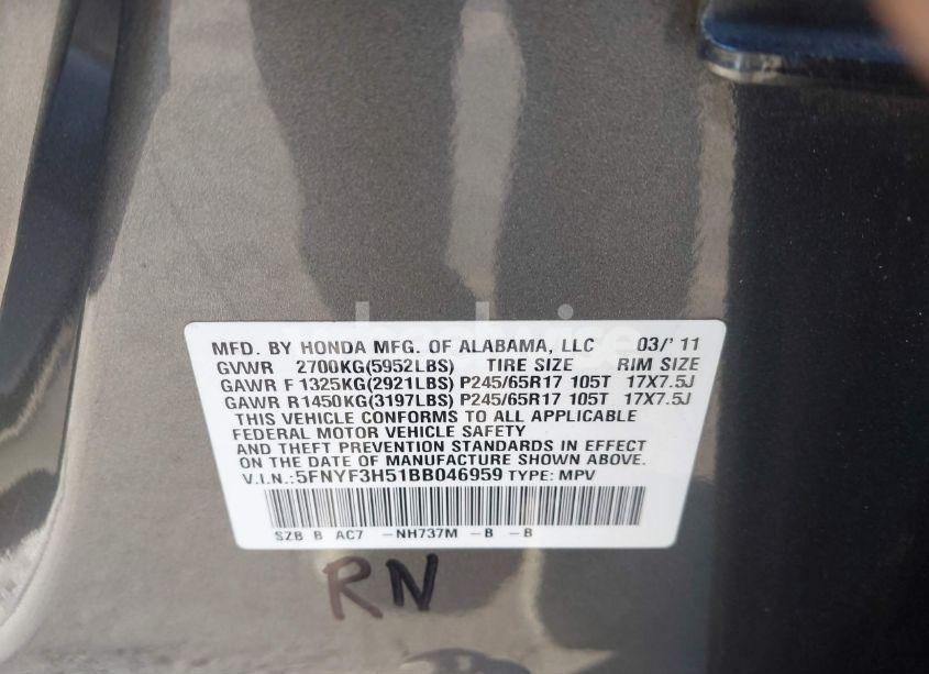 Photo 9 of 2011 Honda Pilot EX-L (VIN 5FNYF3H51BB046959)