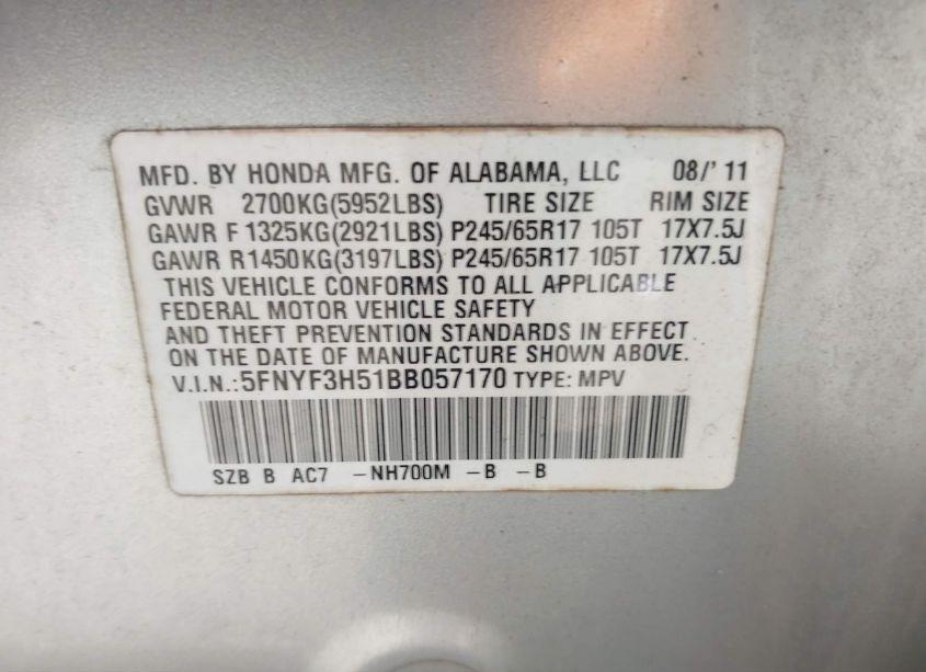 Photo 9 of 2011 Honda Pilot EX-L (VIN 5FNYF3H51BB057170)