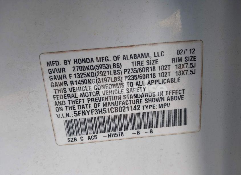 Photo 9 of 2012 Honda Pilot EX-L (VIN 5FNYF3H51CB021142)