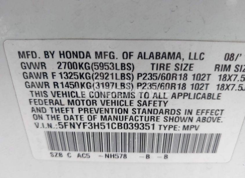 Photo 9 of 2012 Honda Pilot EX-L (VIN 5FNYF3H51CB039351)
