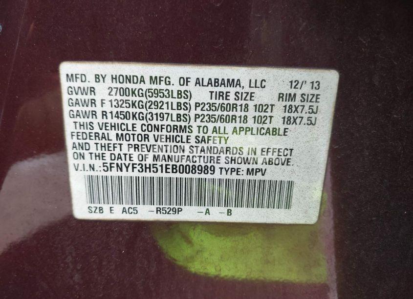 Photo 9 of 2014 Honda Pilot EX-L (VIN 5FNYF3H51EB008989)