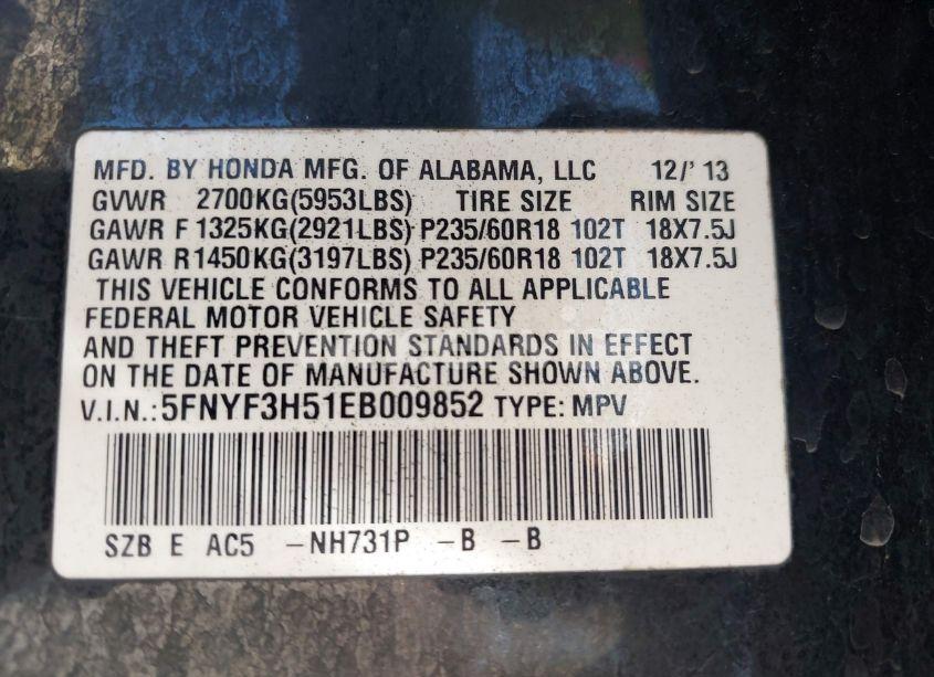 Photo 9 of 2014 Honda Pilot EX-L (VIN 5FNYF3H51EB009852)