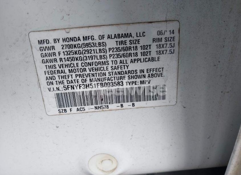 Photo 9 of 2015 Honda Pilot EX-L (VIN 5FNYF3H51FB003583)