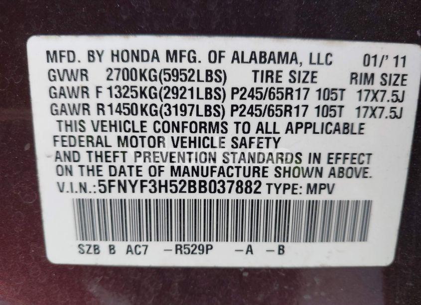 Photo 9 of 2011 Honda Pilot EX-L (VIN 5FNYF3H52BB037882)