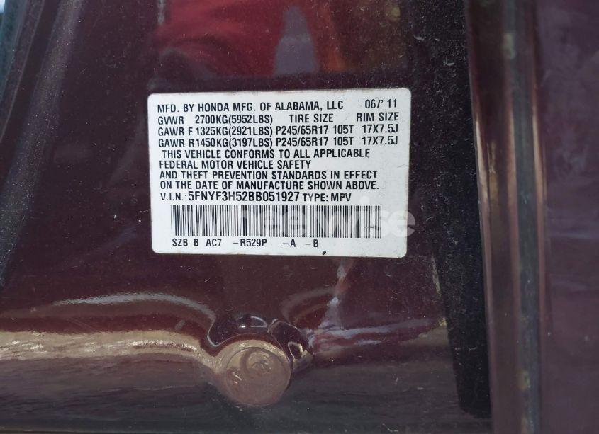 Photo 9 of 2011 Honda Pilot EX-L (VIN 5FNYF3H52BB051927)