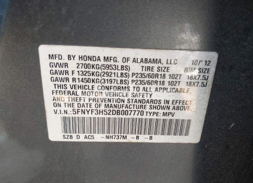 Photo 9 of 2013 Honda Pilot EX-L (VIN 5FNYF3H52DB007770)