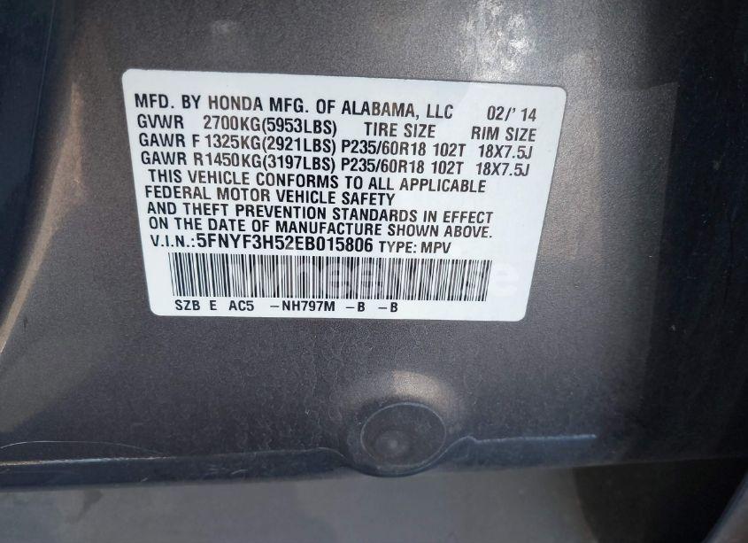 Photo 9 of 2014 Honda Pilot EX-L (VIN 5FNYF3H52EB015806)