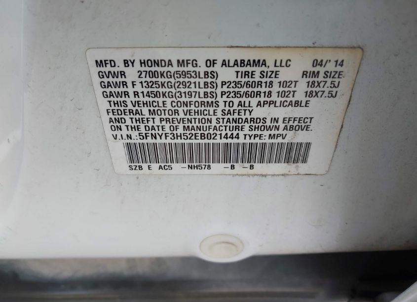 Photo 9 of 2014 Honda Pilot EX-L (VIN 5FNYF3H52EB021444)