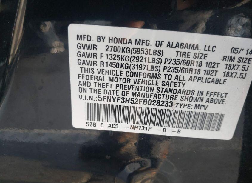 Photo 9 of 2014 Honda Pilot EX-L (VIN 5FNYF3H52EB028233)