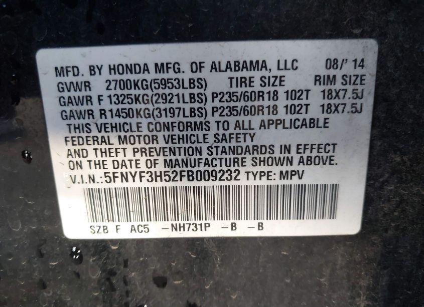Photo 9 of 2015 Honda Pilot EX-L (VIN 5FNYF3H52FB009232)