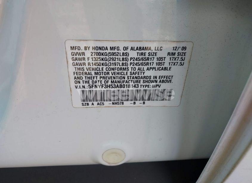 Photo 9 of 2010 Honda Pilot EX-L (VIN 5FNYF3H53AB018143)