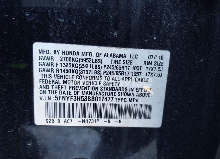 Photo 9 of 2011 Honda Pilot EX-L (VIN 5FNYF3H53BB017477)