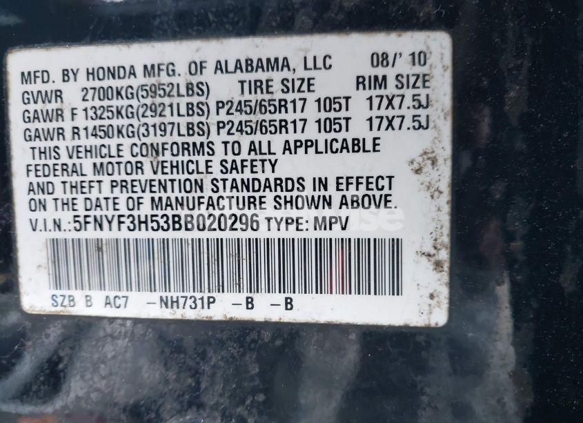 Photo 9 of 2011 Honda Pilot EX-L (VIN 5FNYF3H53BB020296)