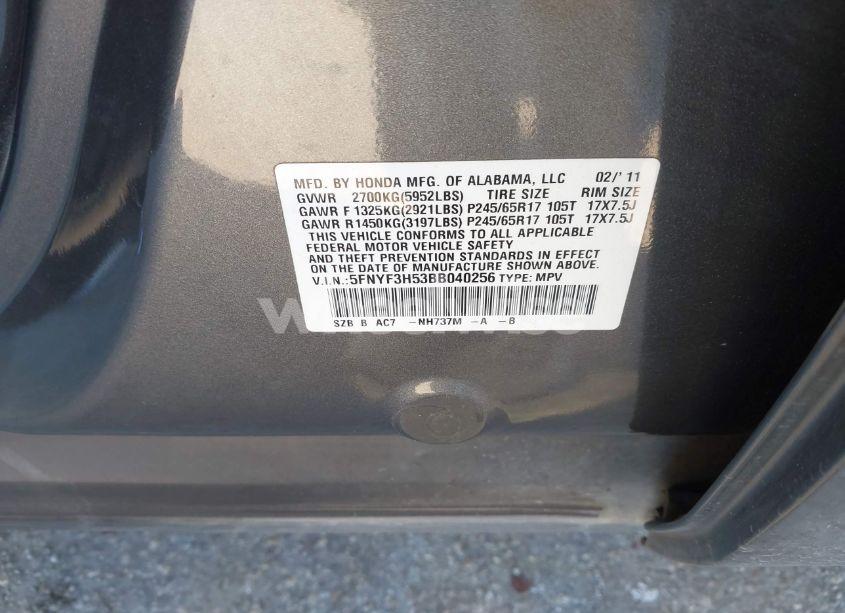 Photo 9 of 2011 Honda Pilot EX-L (VIN 5FNYF3H53BB040256)