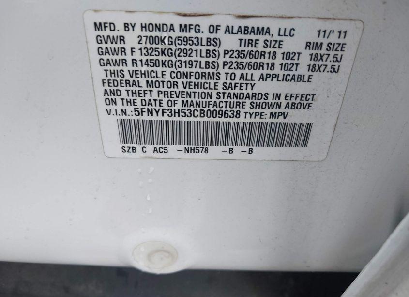 Photo 9 of 2012 Honda Pilot EX-L (VIN 5FNYF3H53CB009638)