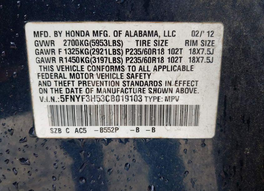 Photo 9 of 2012 Honda Pilot EX-L (VIN 5FNYF3H53CB019103)
