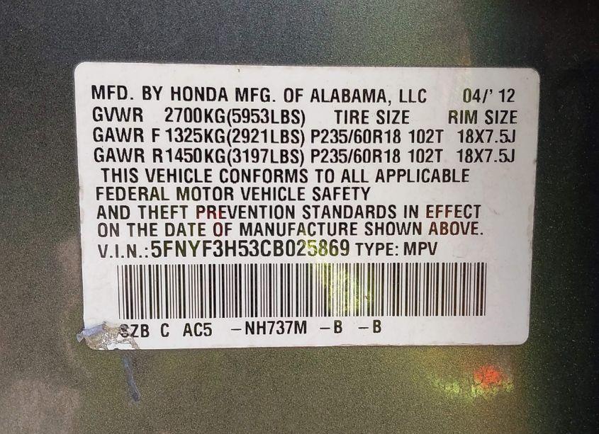 Photo 9 of 2012 Honda Pilot EX-L (VIN 5FNYF3H53CB025869)