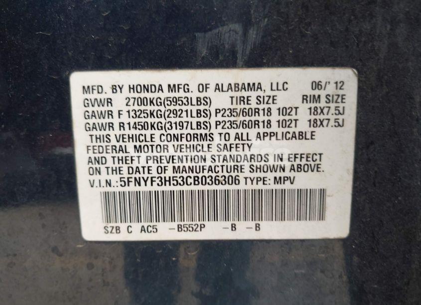 Photo 9 of 2012 Honda Pilot EX-L (VIN 5FNYF3H53CB036306)